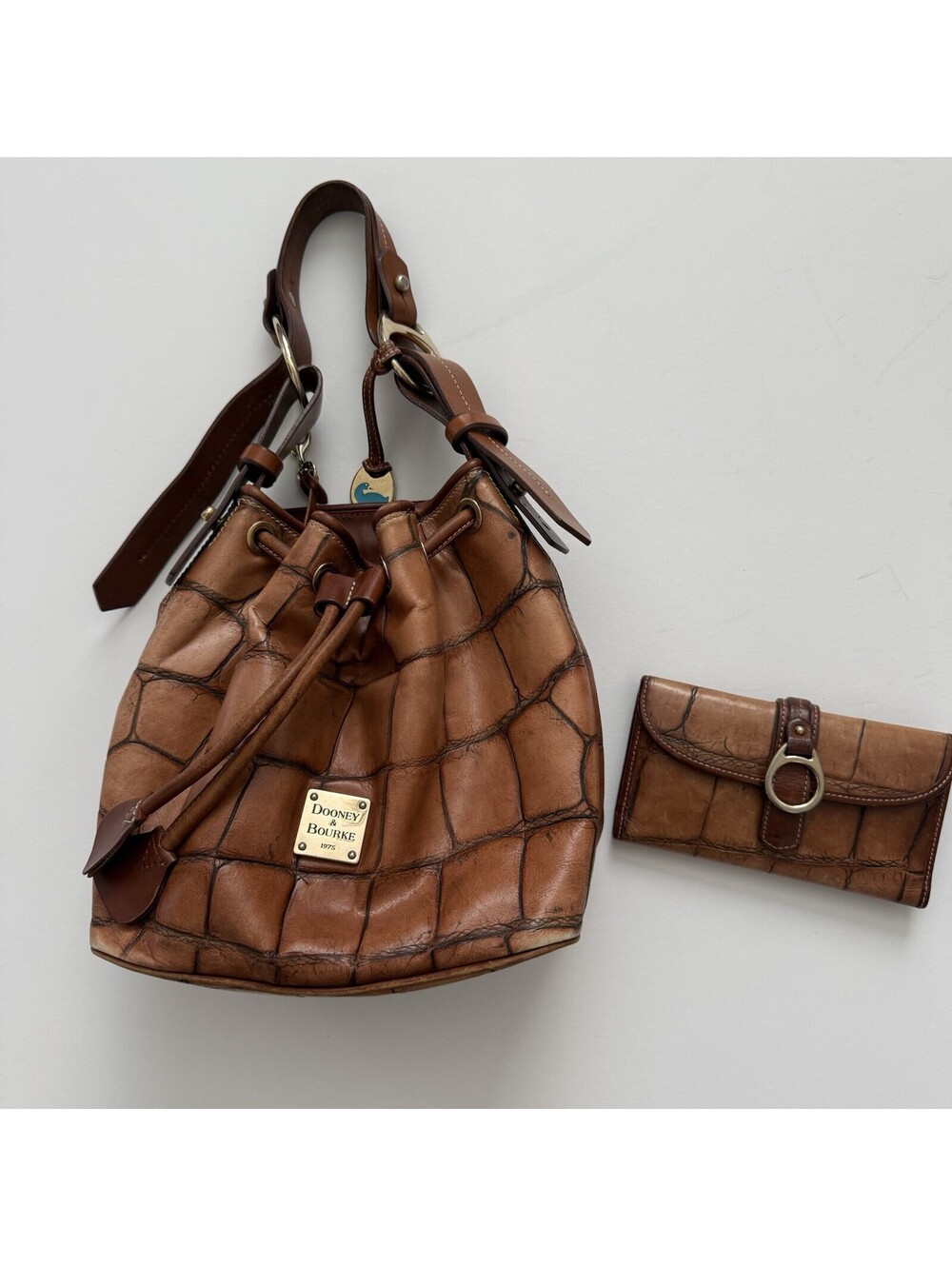 Vintage Dooney & Bourke Brown Leather Drawstring Bucket Bag with Matching Wallet